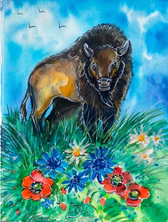 Bison in flowers by artist Anastasia Shimanskaya